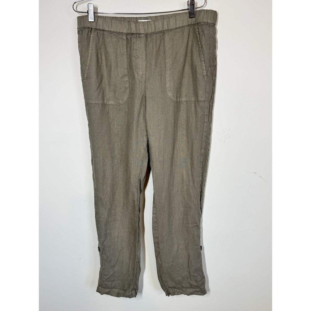J Jill Pure Jill Linen Straight Leg Pants Olive Green Pull On Roll Tab Leg Med
